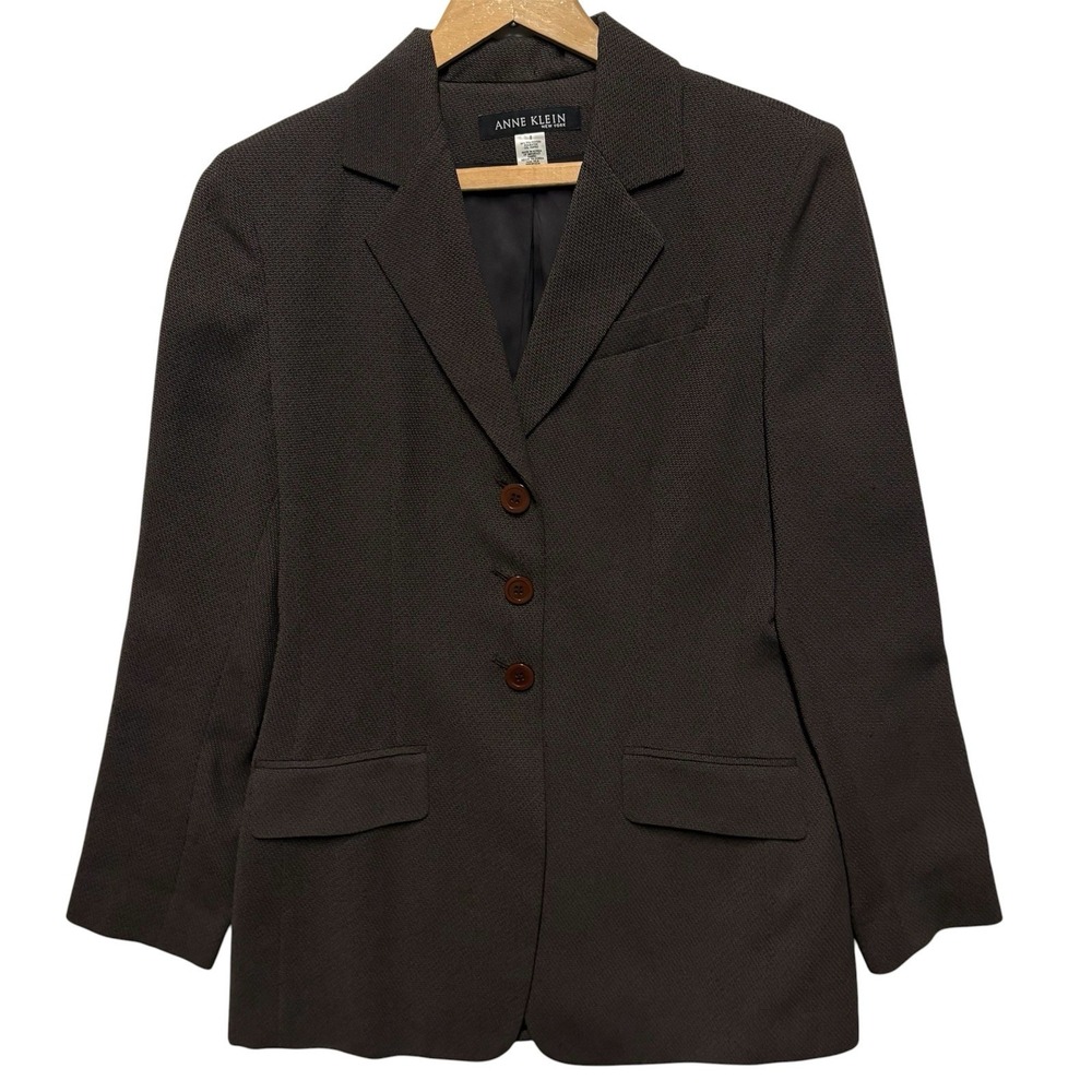 Anne Klein Womens Blazer 8 Brown Textured 3 Button Tailored Lined Career Work